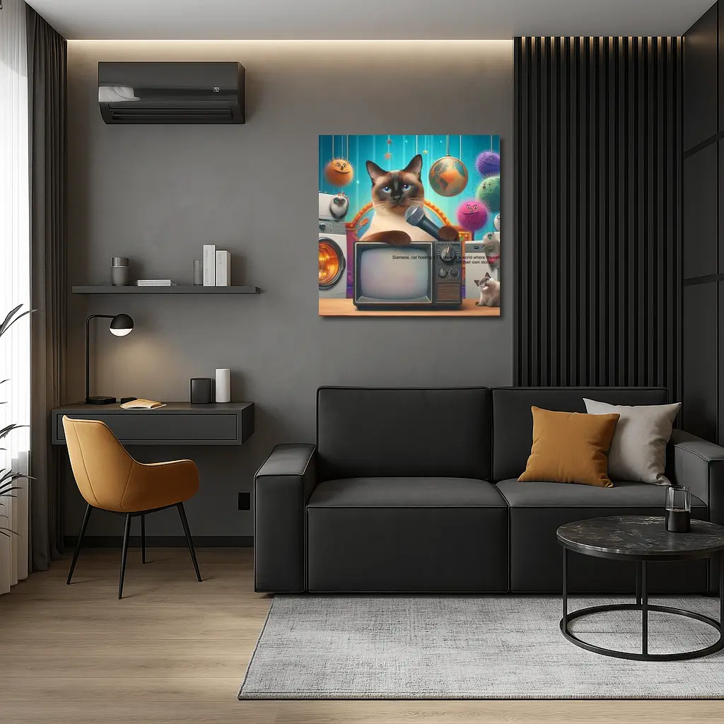 Siamese Cat Hosting TV Show Colorful Scene – Wall Art