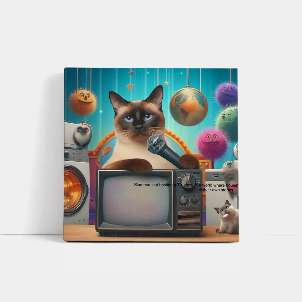 Siamese Cat Hosting TV Show Colorful Scene – Wall Art