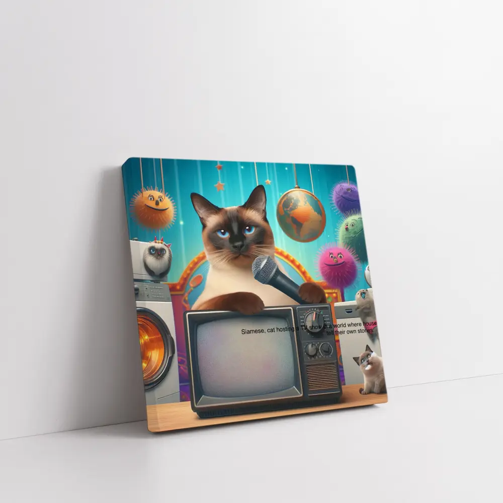 Siamese Cat Hosting TV Show Colorful Scene – Wall Art