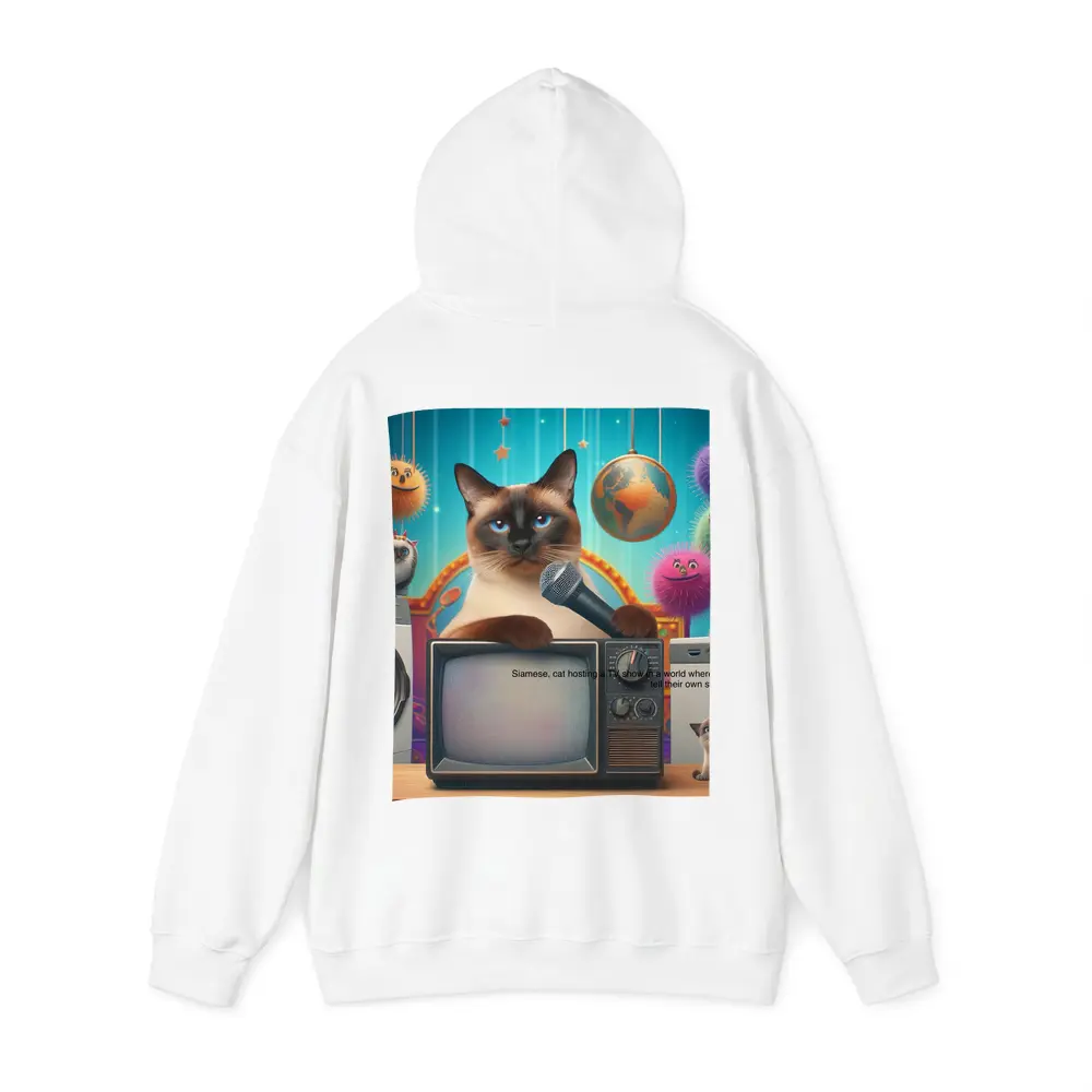 Siamese Cat Hosting TV Show Colorful Scene – Hoodies