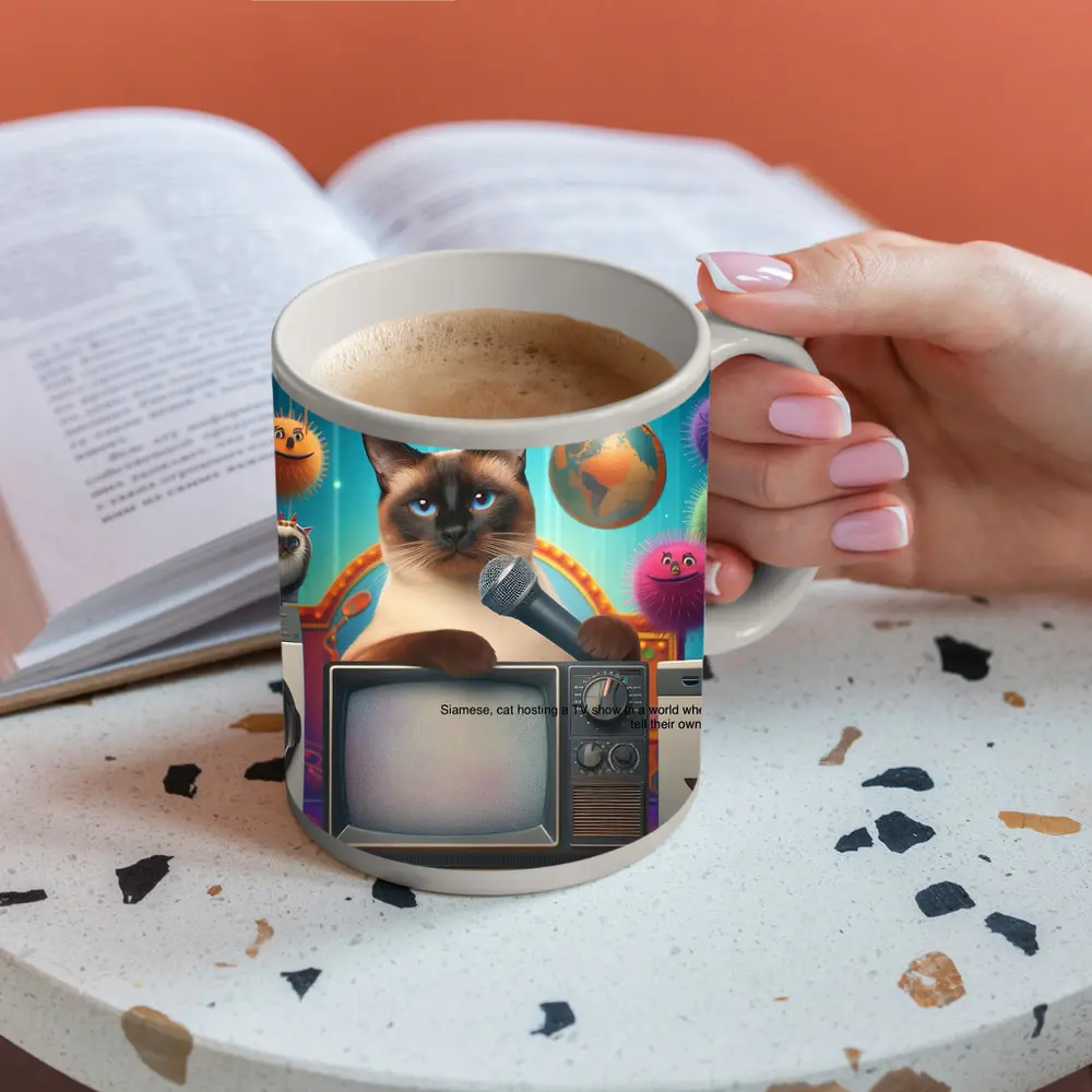 Siamese Cat Hosting TV Show Colorful Scene – Mugs