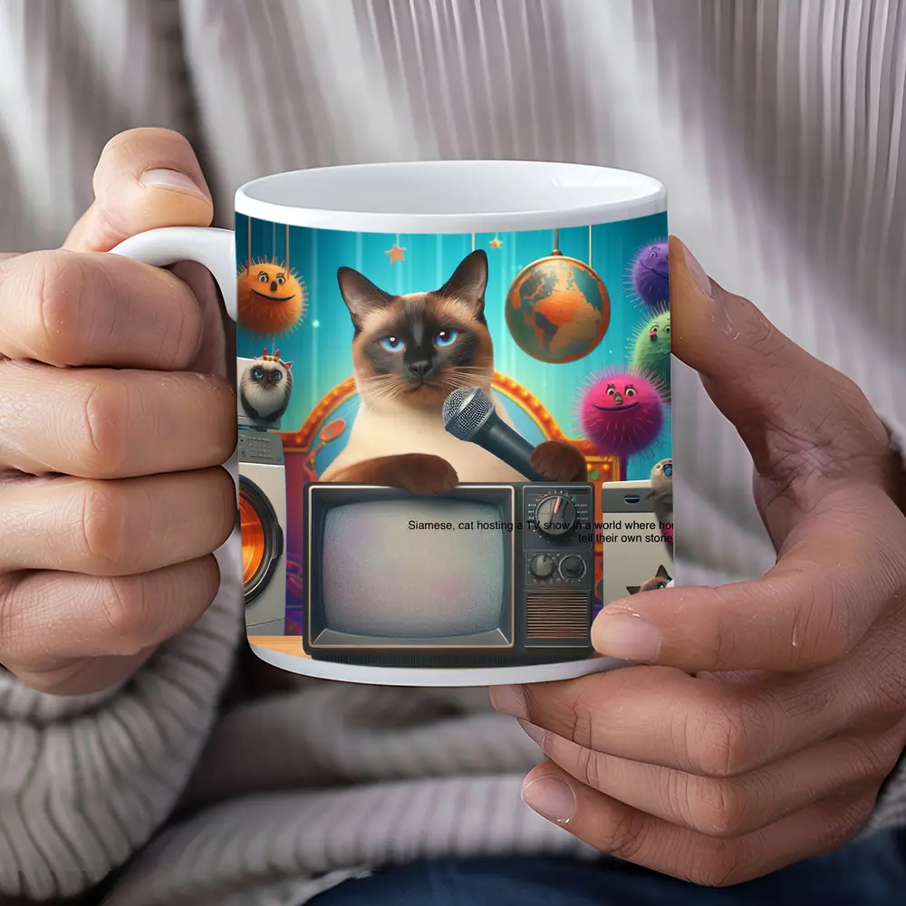 Siamese Cat Hosting TV Show Colorful Scene – Mugs