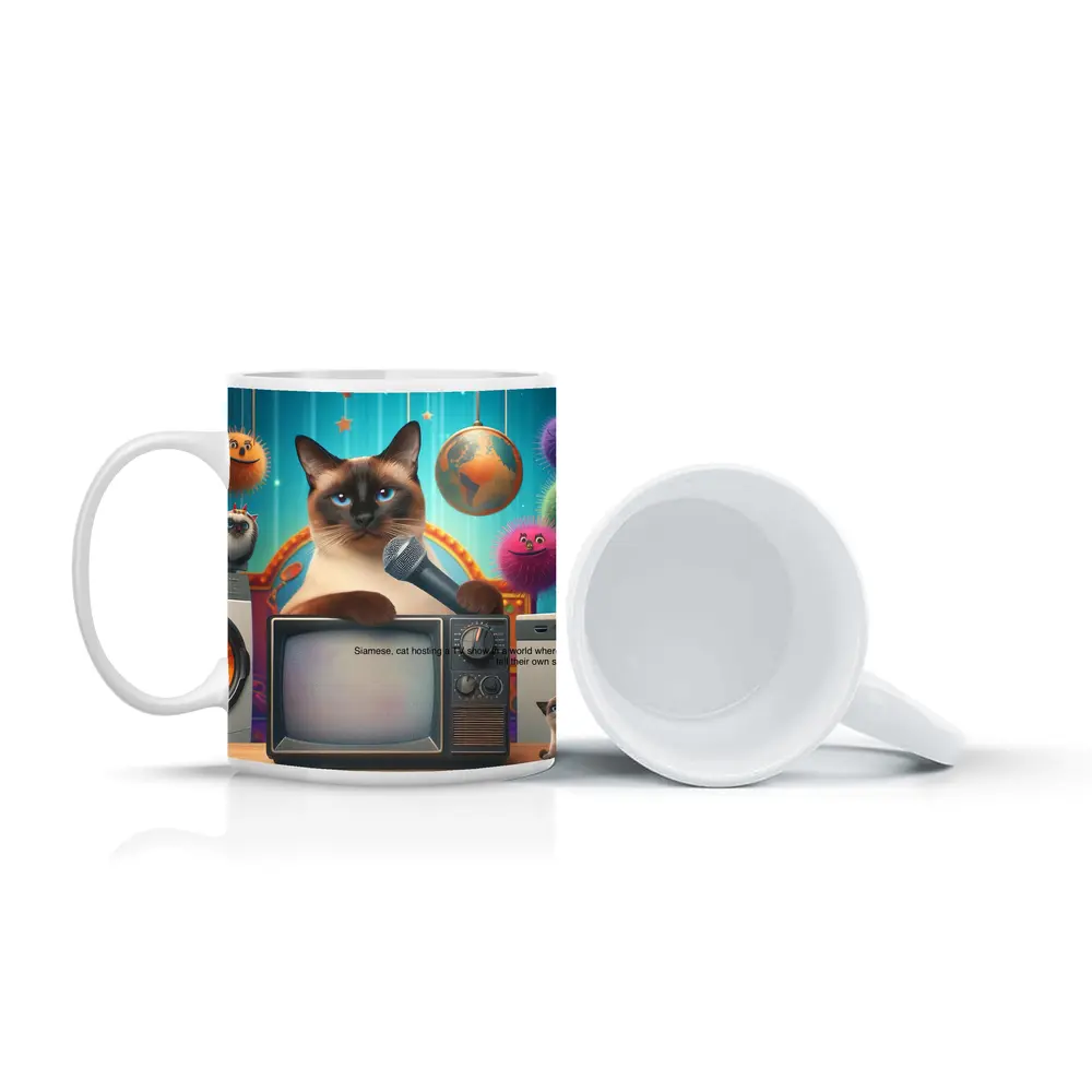 Siamese Cat Hosting TV Show Colorful Scene – Mugs