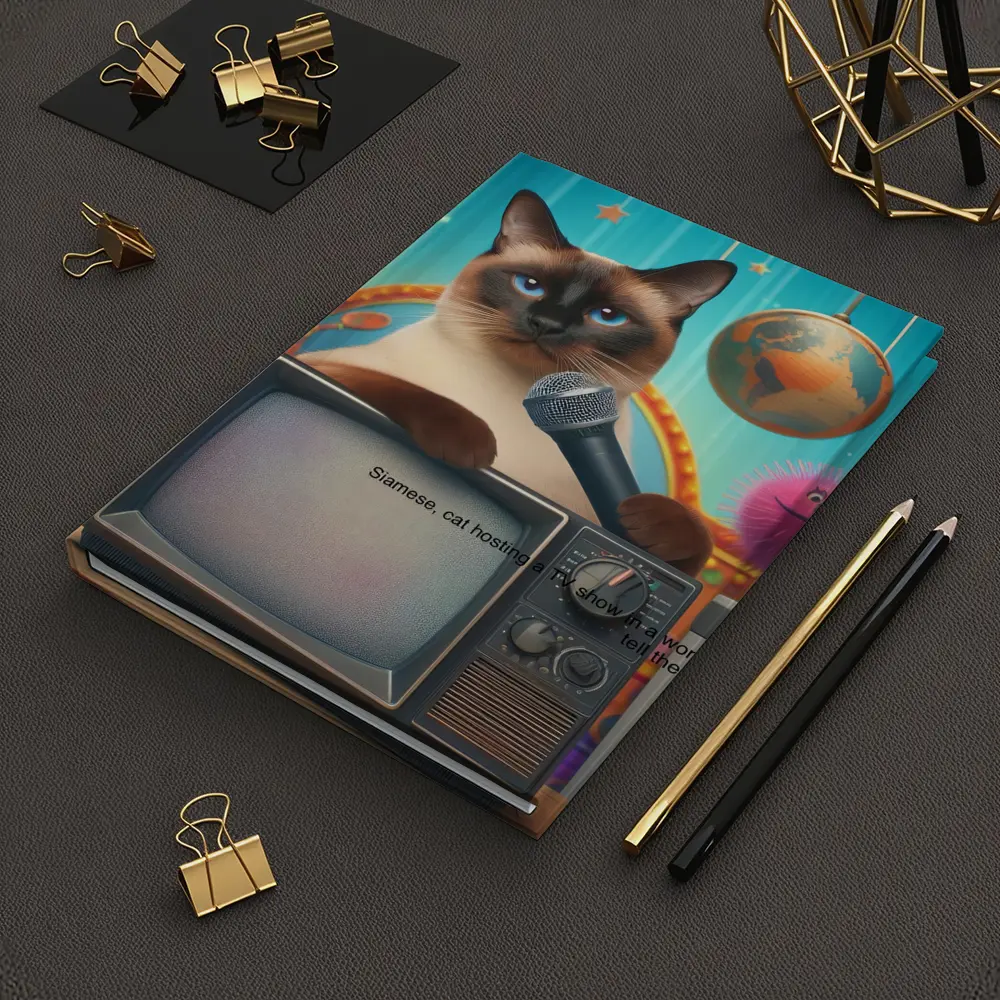 Siamese Cat Hosting TV Show Colorful Scene – Notebooks
