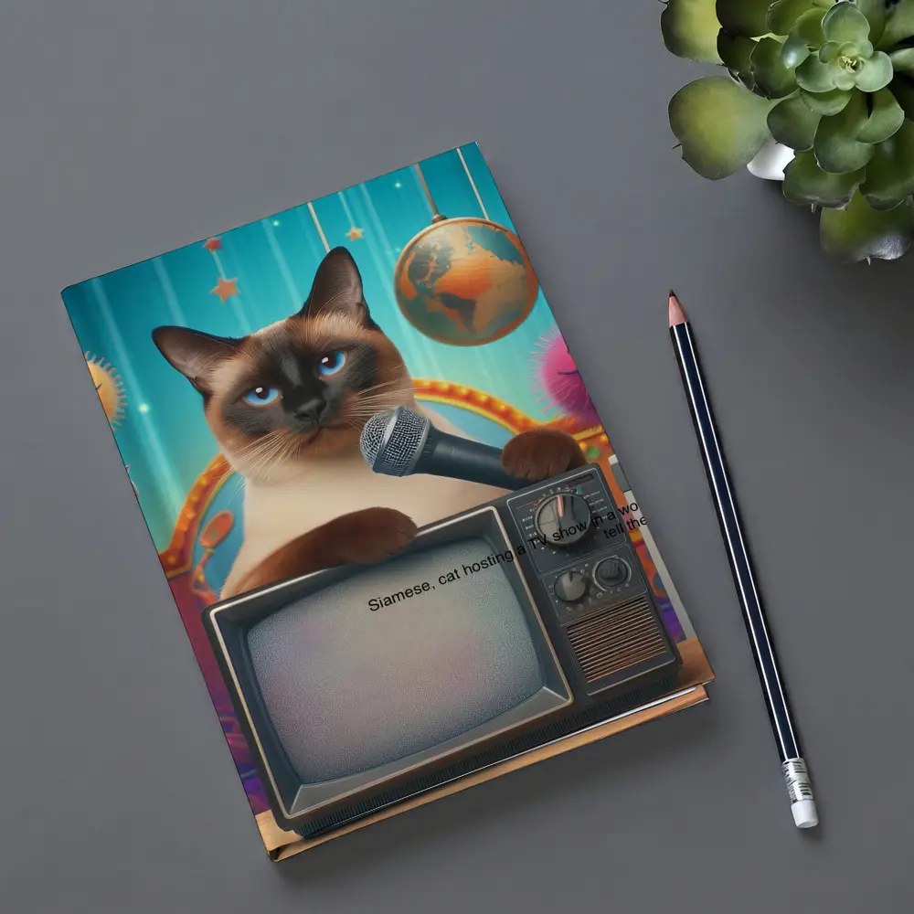 Siamese Cat Hosting TV Show Colorful Scene – Notebooks