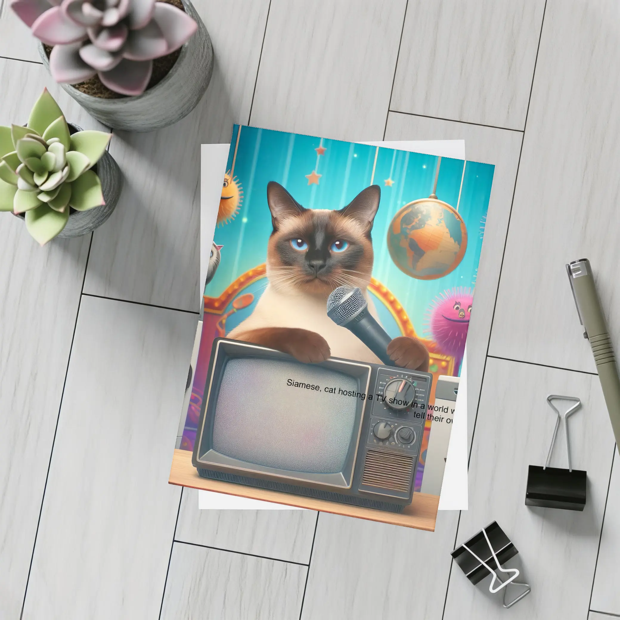 Siamese Cat Hosting TV Show Colorful Scene – Postcards