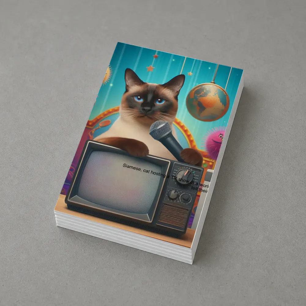 Siamese Cat Hosting TV Show Colorful Scene – Postcards