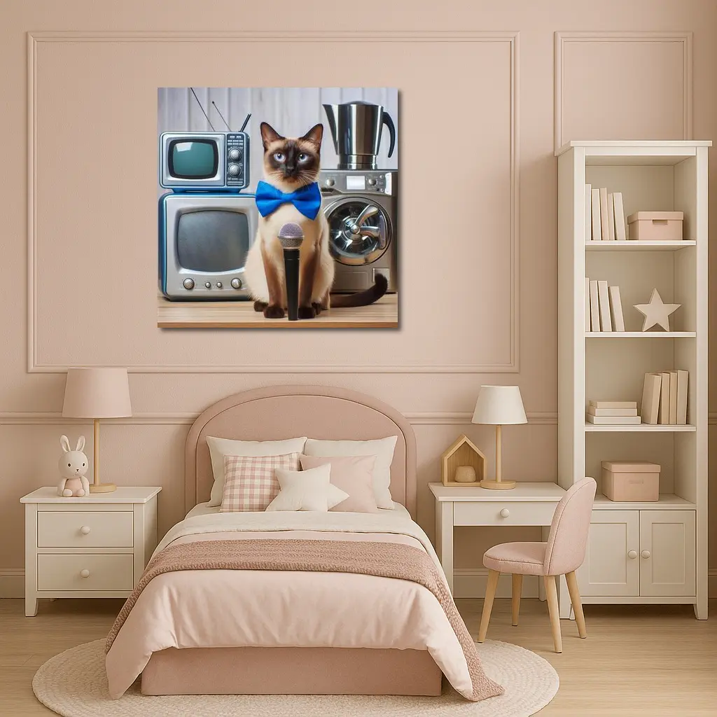 Siamese Cat Blue Bow Tie Microphone Retro – Wall Art