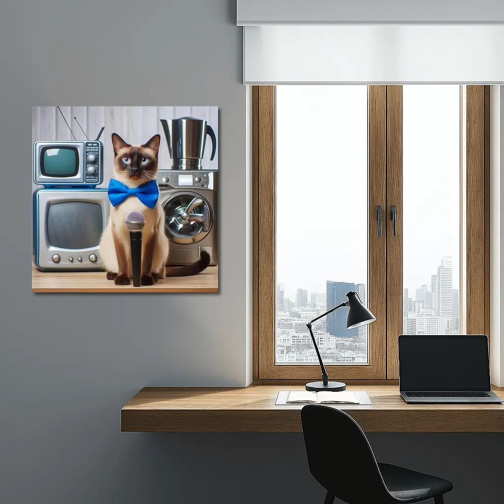 Siamese Cat Blue Bow Tie Microphone Retro – Wall Art