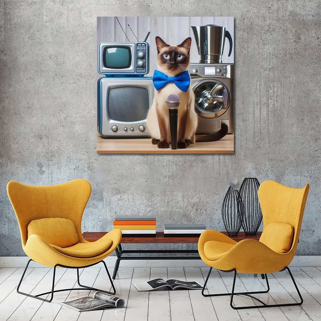 Siamese Cat Blue Bow Tie Microphone Retro – Wall Art