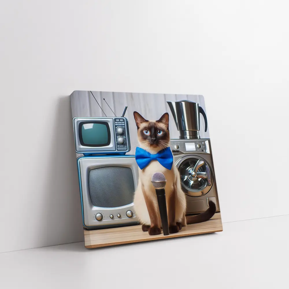 Siamese Cat Blue Bow Tie Microphone Retro – Wall Art