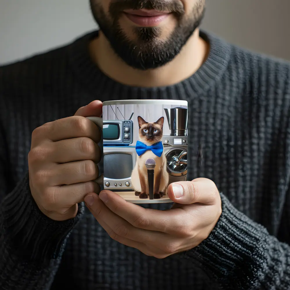 Siamese Cat Blue Bow Tie Microphone Retro – Mugs