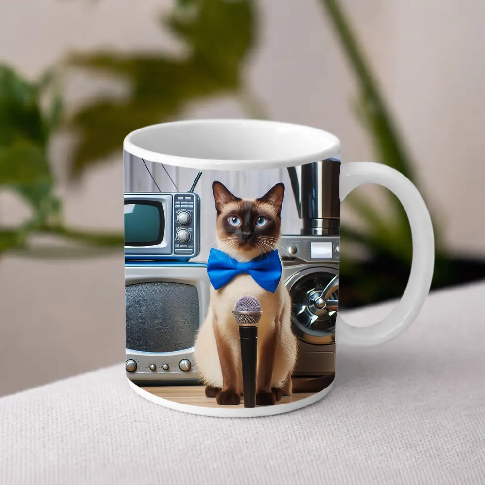 Siamese Cat Blue Bow Tie Microphone Retro – Mugs