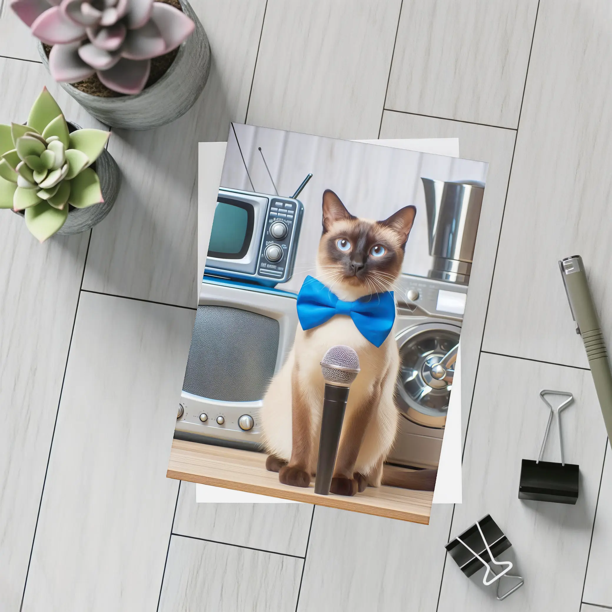 Siamese Cat Blue Bow Tie Microphone Retro – Postcards
