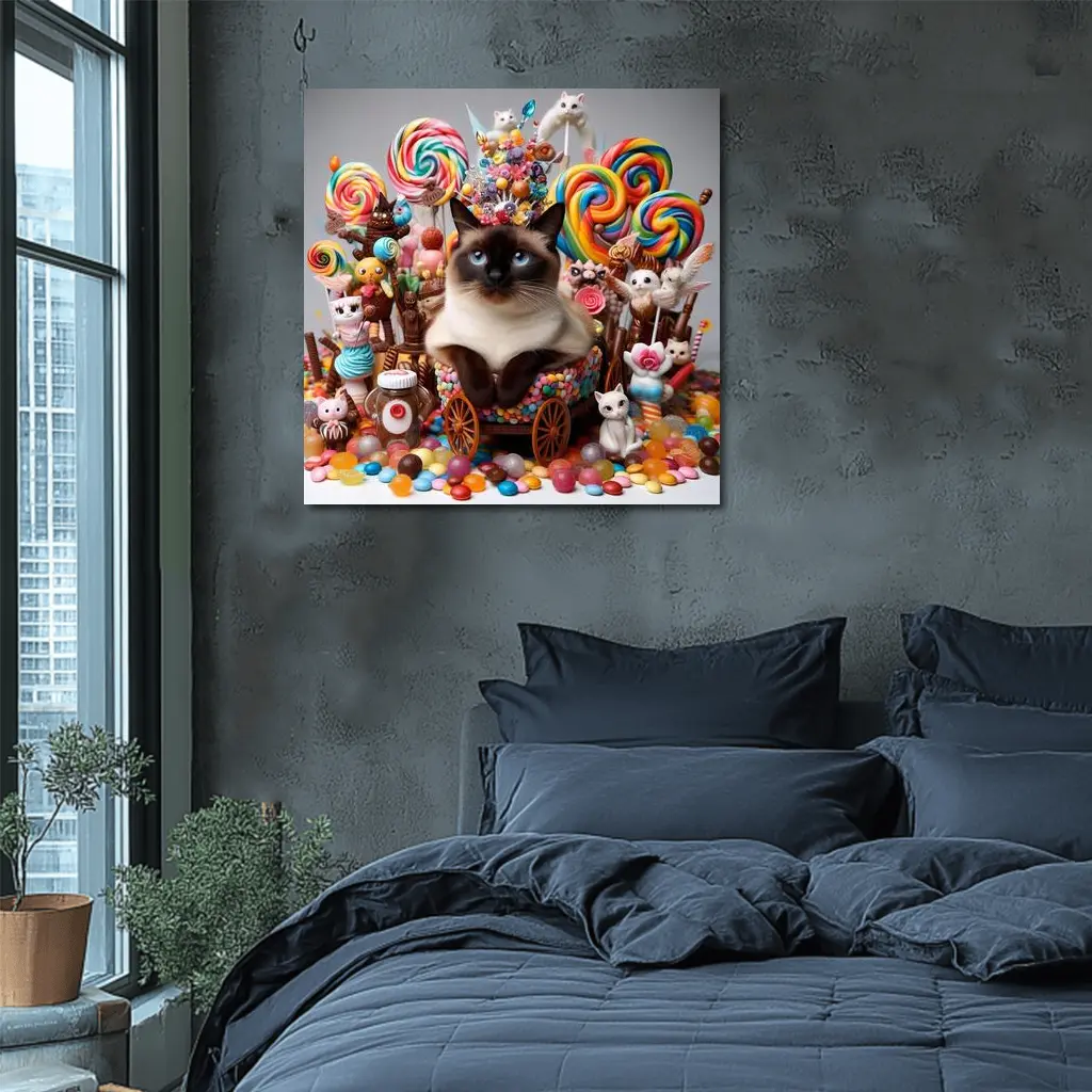Siamese Cat Surrounded By Colorful Candy – Wall Art