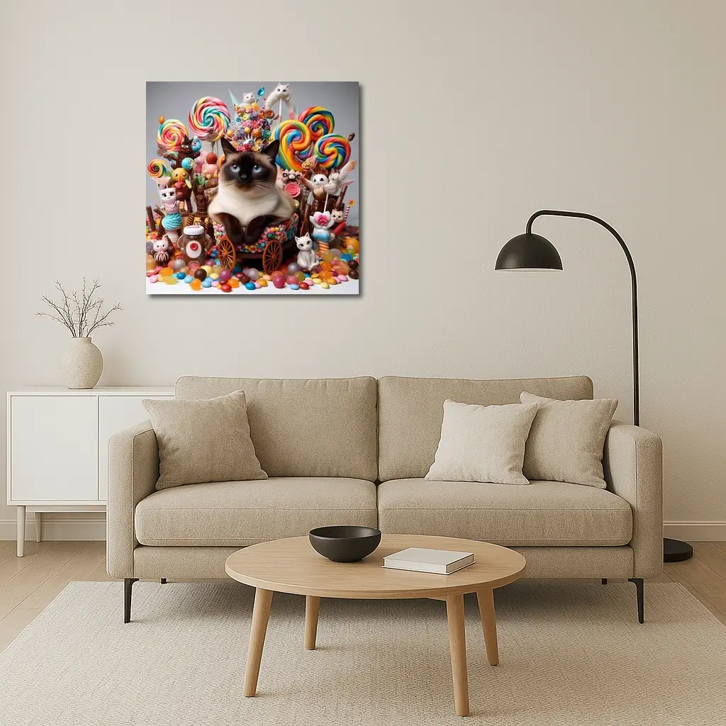Siamese Cat Surrounded By Colorful Candy – Wall Art
