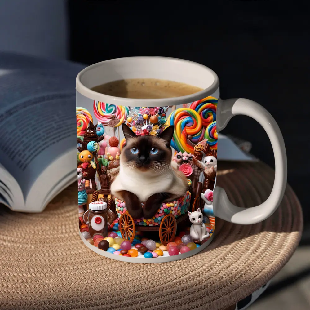 Siamese Cat Surrounded By Colorful Candy – Mugs