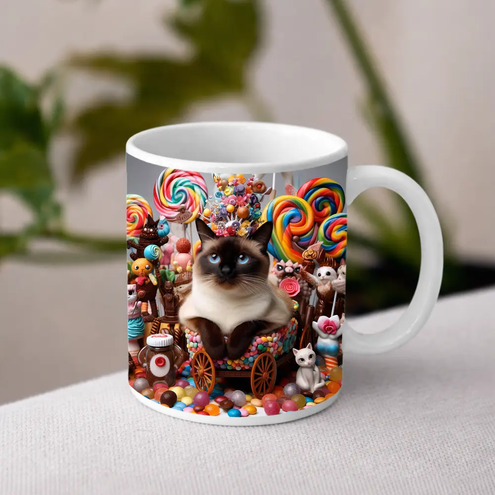 Siamese Cat Surrounded By Colorful Candy – Mugs