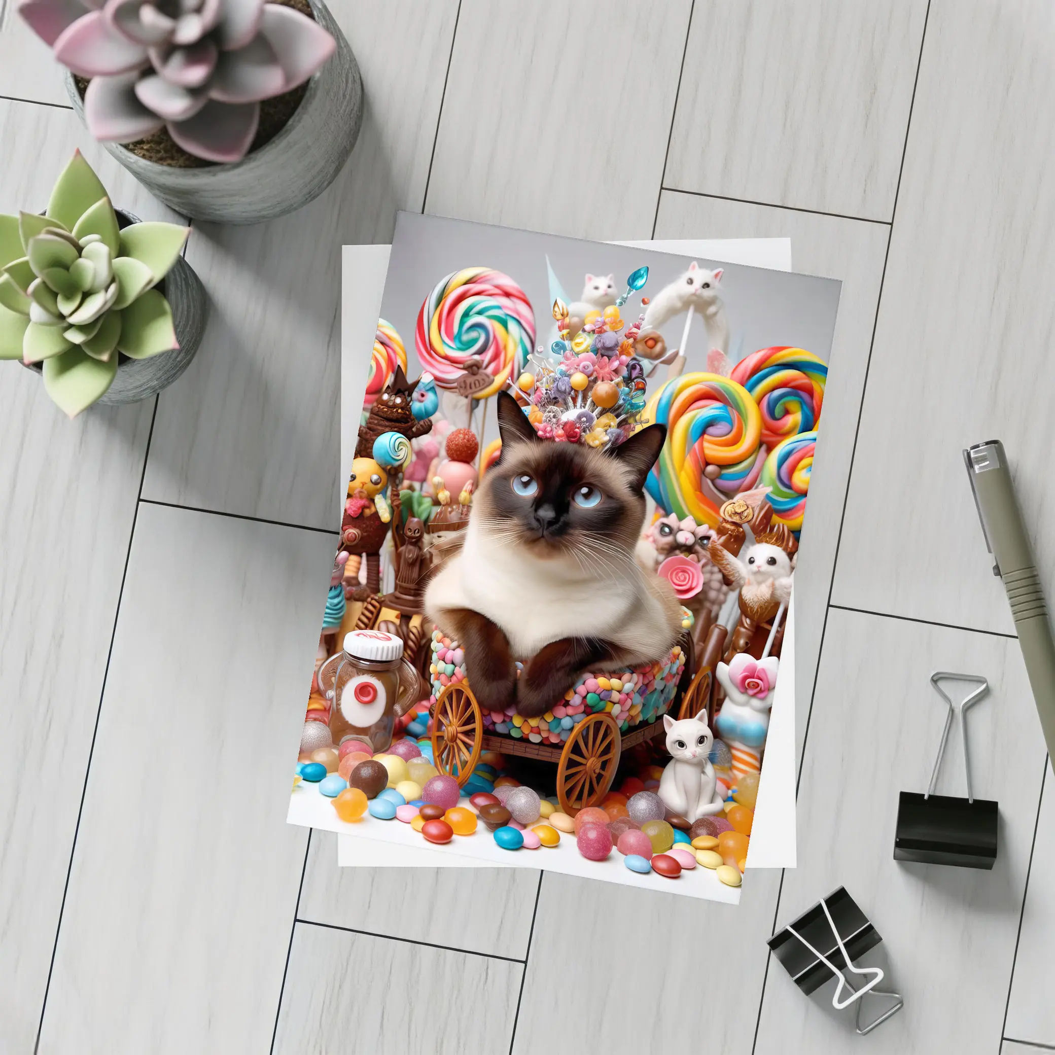 Siamese Cat Surrounded By Colorful Candy – Postcards