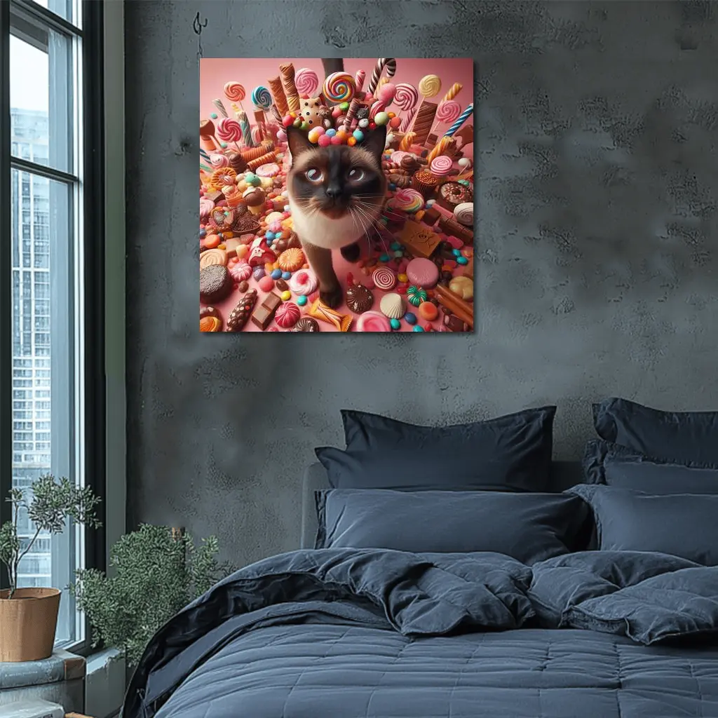 Siamese Cat Surrounded by Colorful Candy – Wall Art