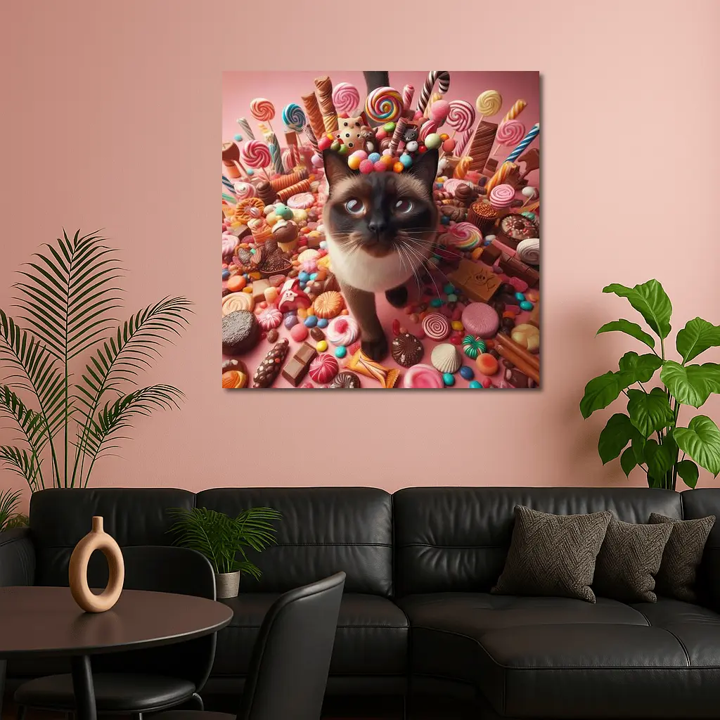 Siamese Cat Surrounded by Colorful Candy – Wall Art