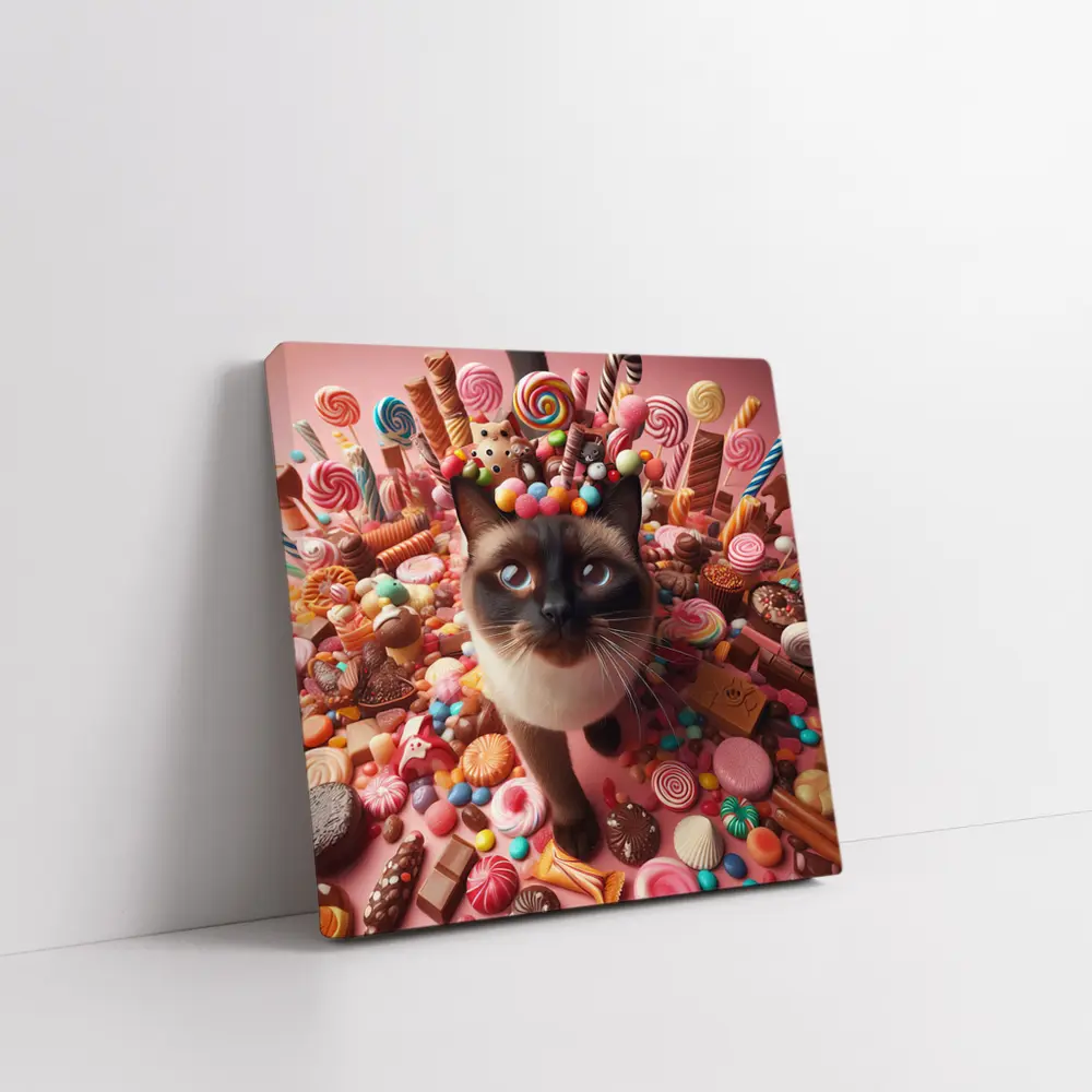 Siamese Cat Surrounded by Colorful Candy – Wall Art