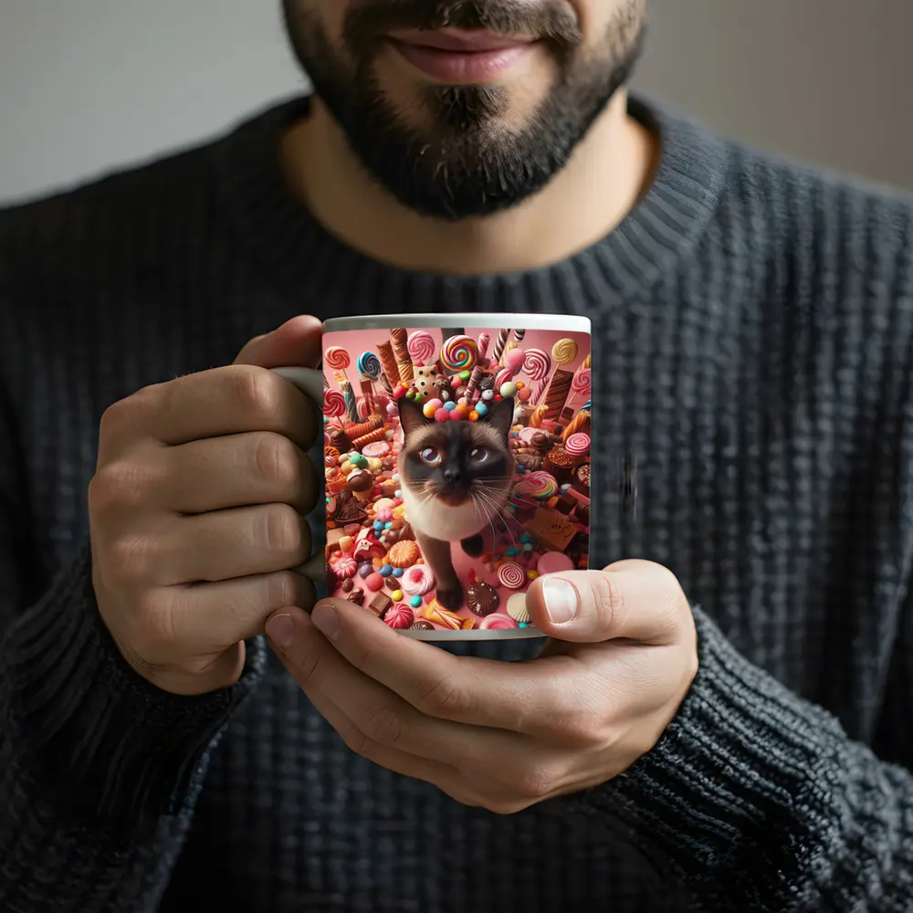 Siamese Cat Surrounded by Colorful Candy – Mugs