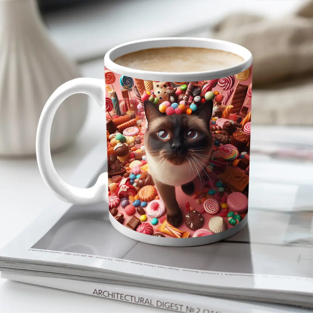 Siamese Cat Surrounded by Colorful Candy – Mugs