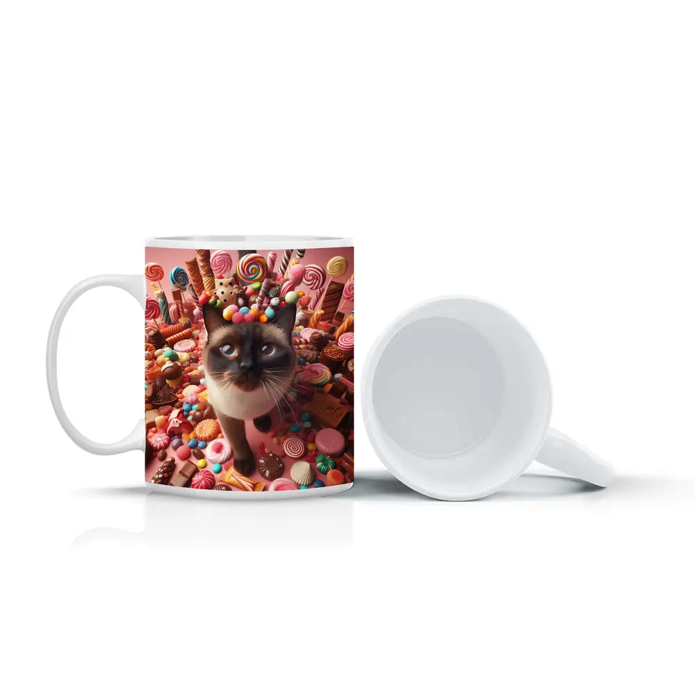 Siamese Cat Surrounded by Colorful Candy – Mugs