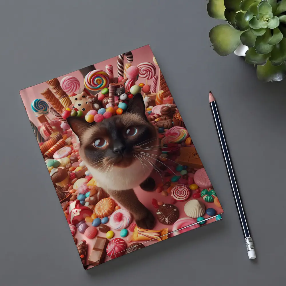 Siamese Cat Surrounded by Colorful Candy – Notebooks
