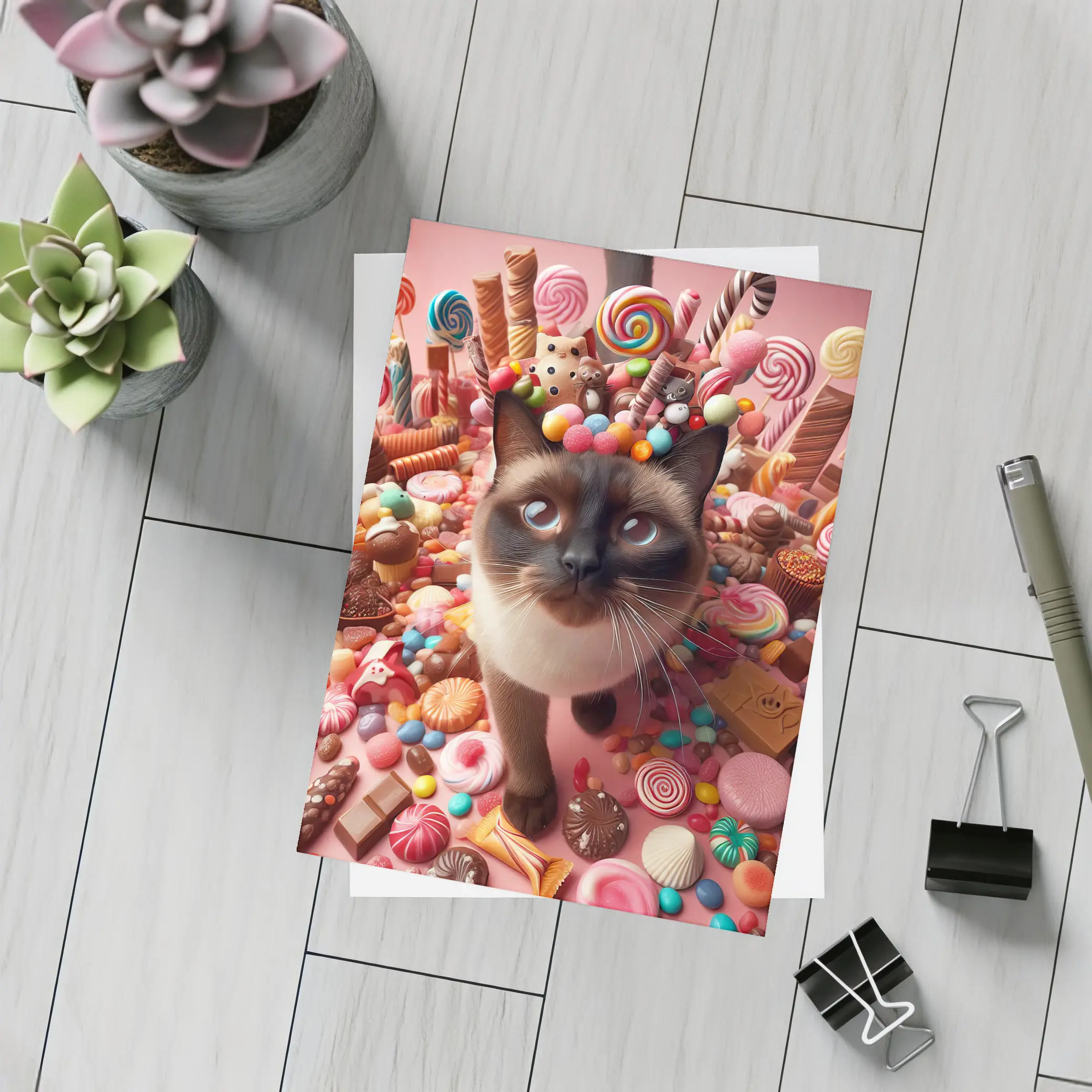 Siamese Cat Surrounded by Colorful Candy – Postcards