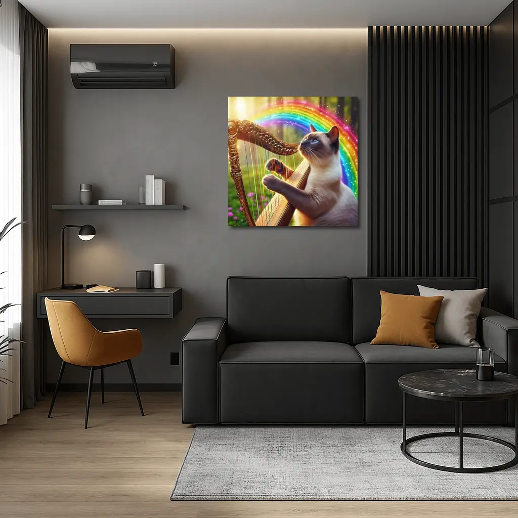 Siamese Cat Playing Harp Rainbow Forest – Wall Art