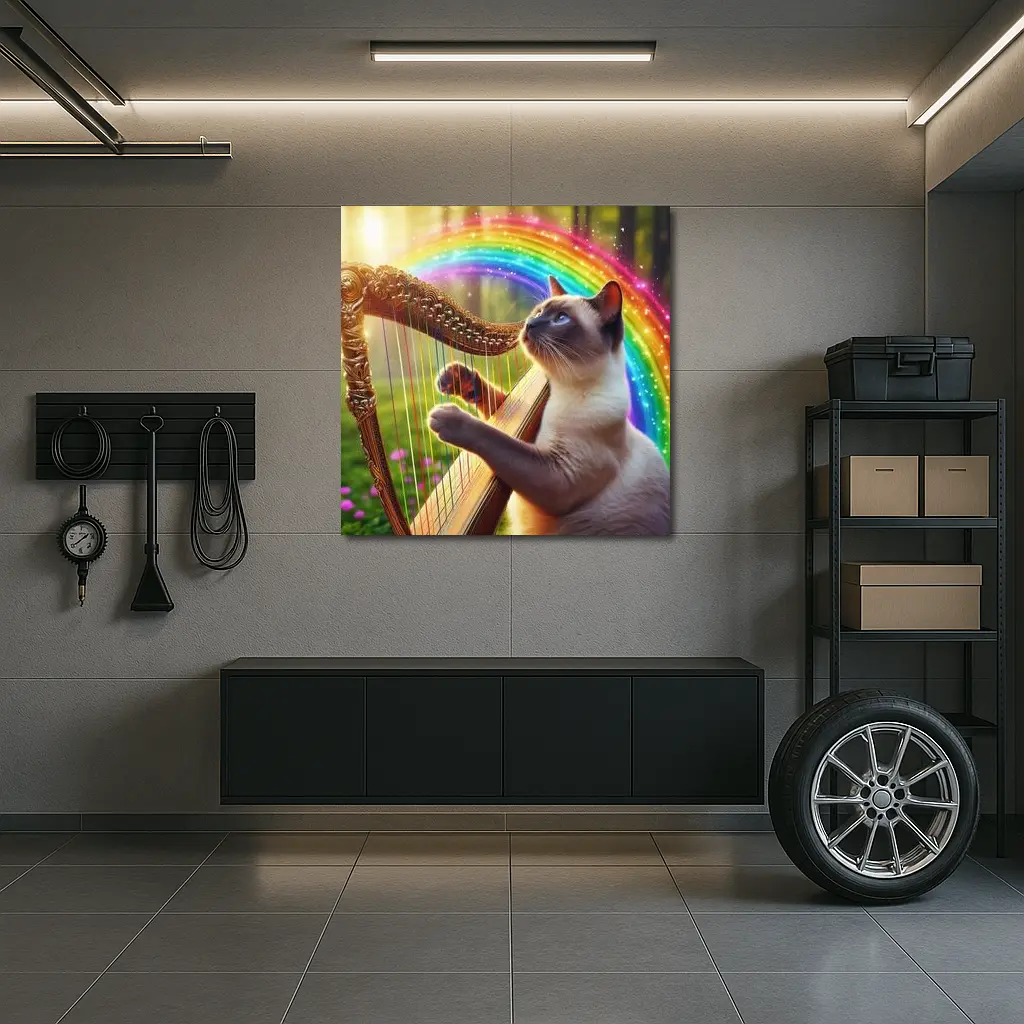 Siamese Cat Playing Harp Rainbow Forest – Wall Art