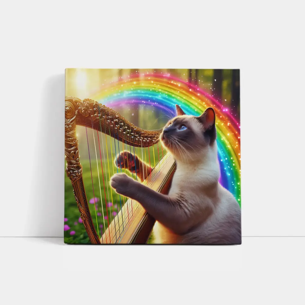 Siamese Cat Playing Harp Rainbow Forest – Wall Art