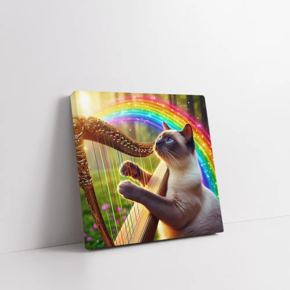 Siamese Cat Playing Harp Rainbow Forest – Wall Art