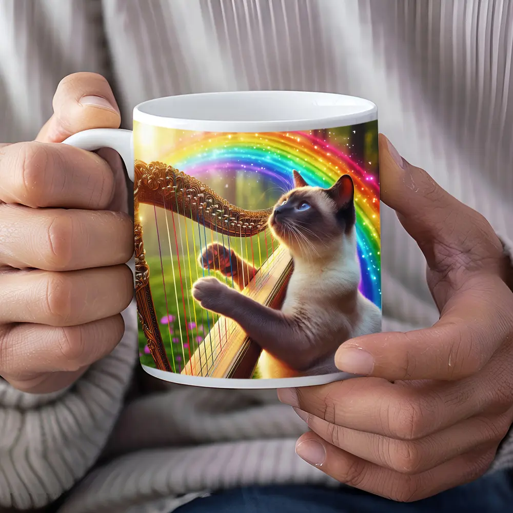 Siamese Cat Playing Harp Rainbow Forest – Mugs