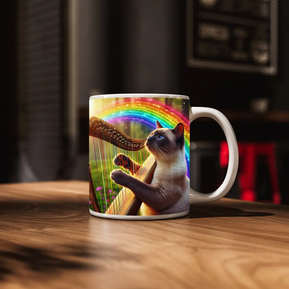 Siamese Cat Playing Harp Rainbow Forest – Mugs
