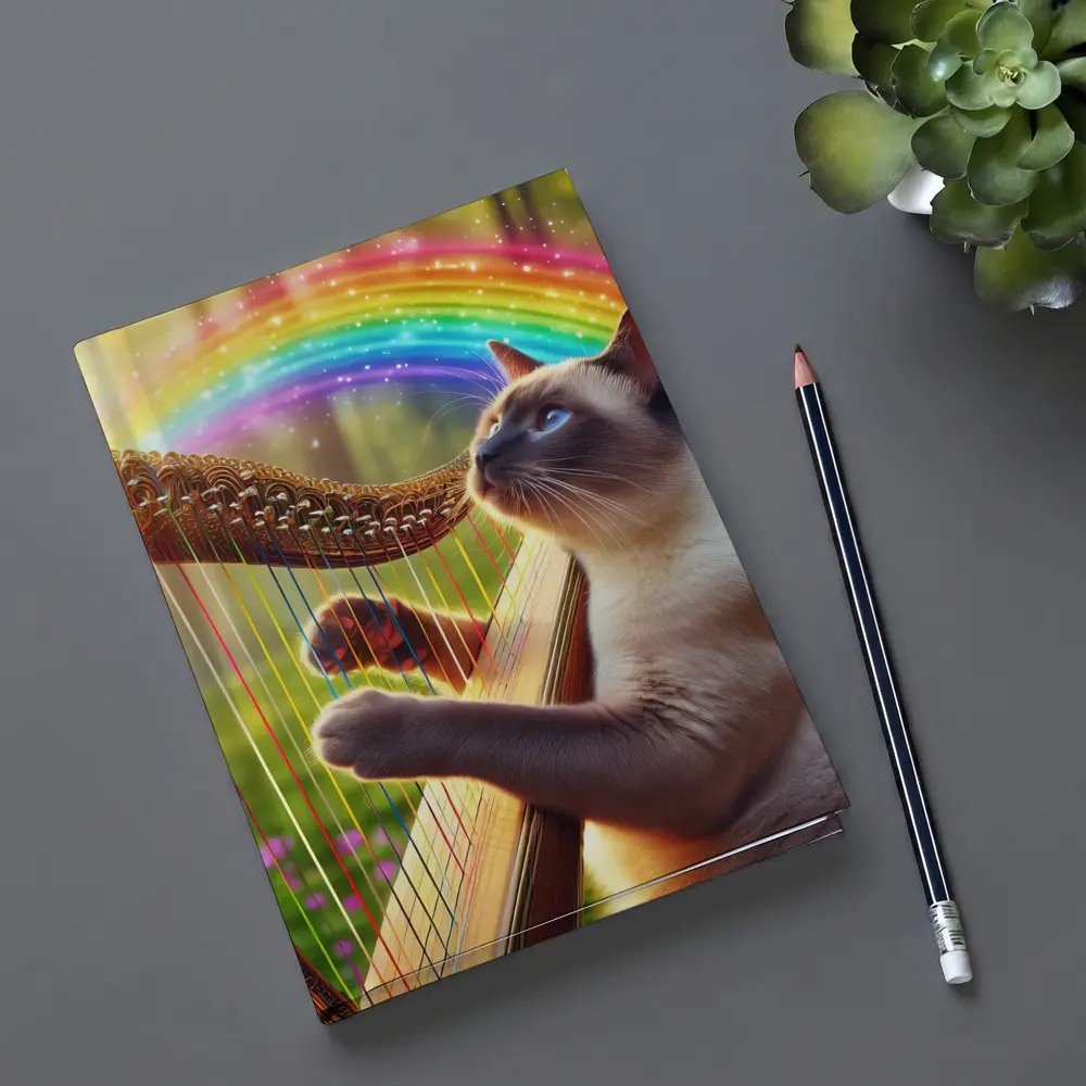 Siamese Cat Playing Harp Rainbow Forest – Notebooks