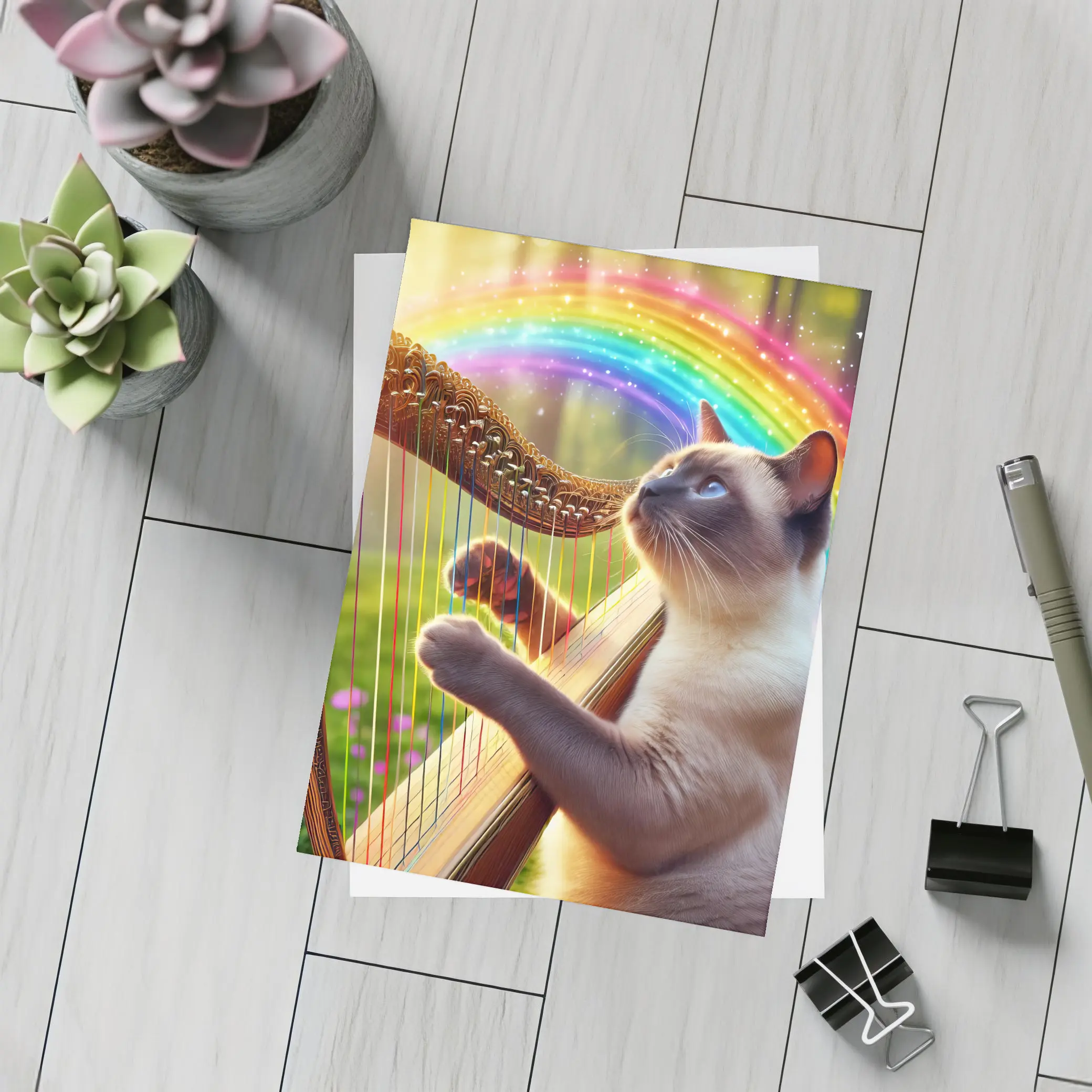 Siamese Cat Playing Harp Rainbow Forest – Postcards