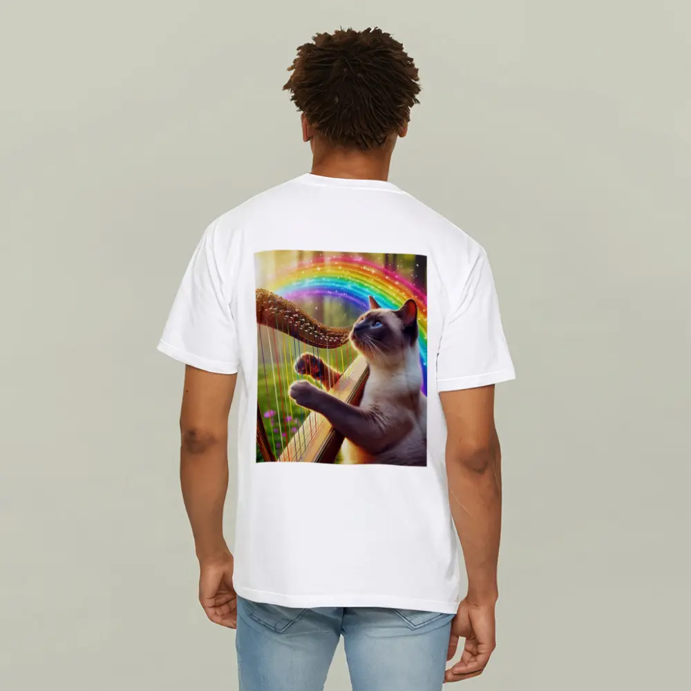 Siamese Cat Playing Harp Rainbow Forest – T-Shirts