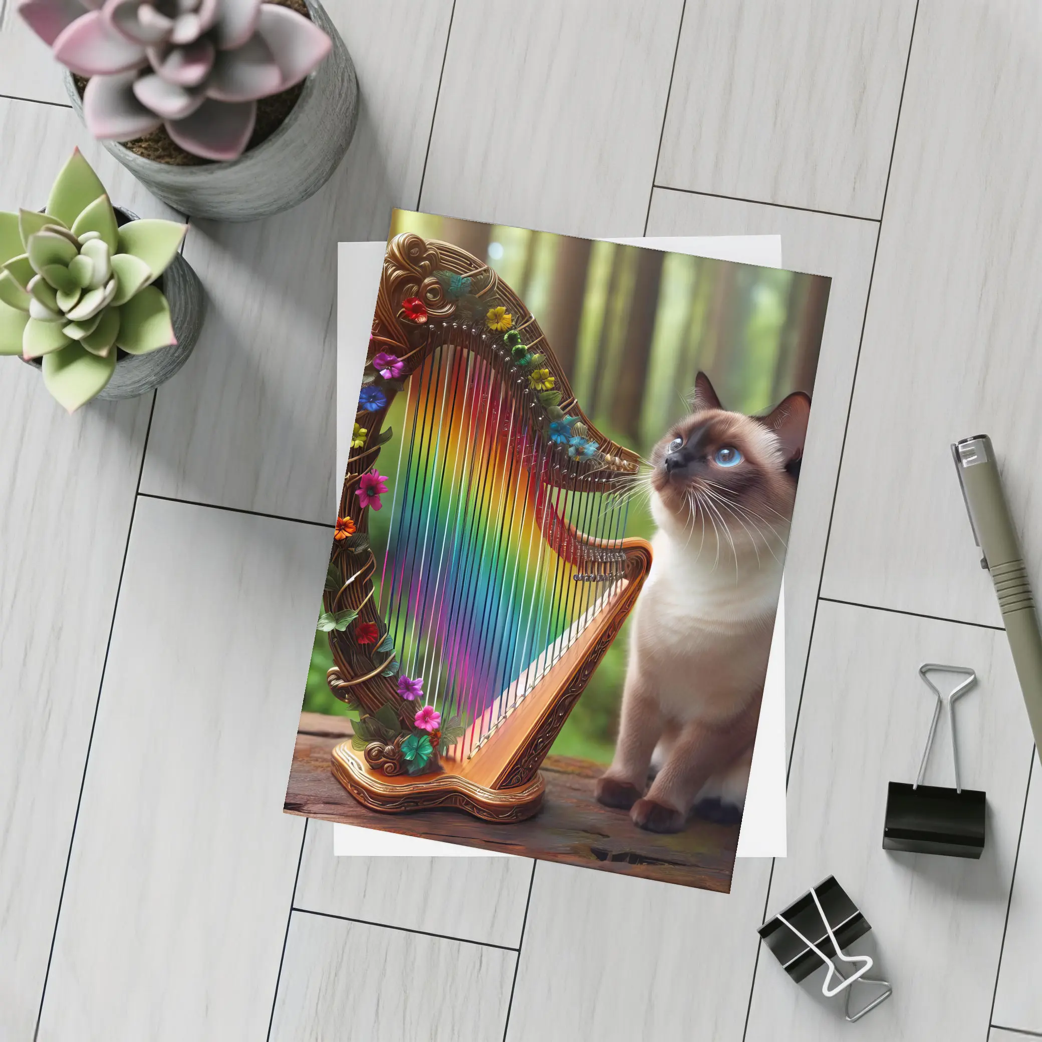 Siamese Cat Rainbow Harp Forest Scene – Postcards