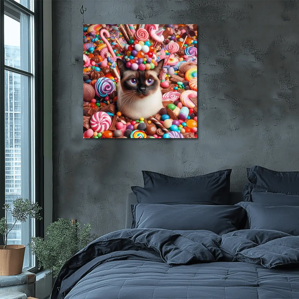 Siamese Cat Surrounded By Colorful Candy – Wall Art