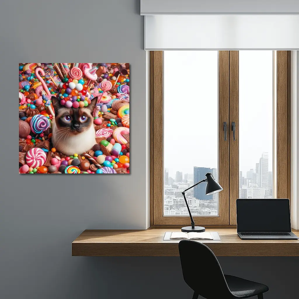 Siamese Cat Surrounded By Colorful Candy – Wall Art