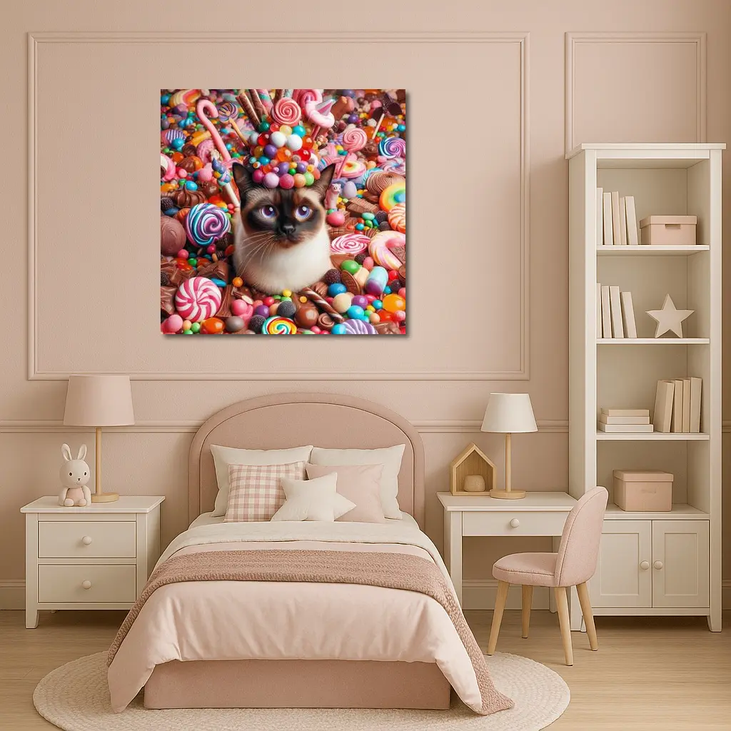 Siamese Cat Surrounded By Colorful Candy – Wall Art