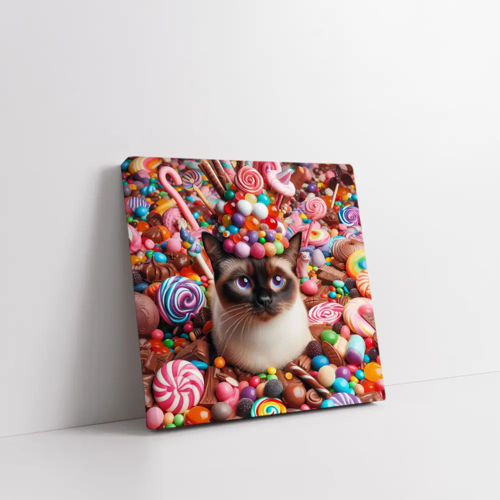 Siamese Cat Surrounded By Colorful Candy – Wall Art