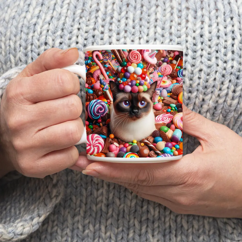 Siamese Cat Surrounded By Colorful Candy – Mugs