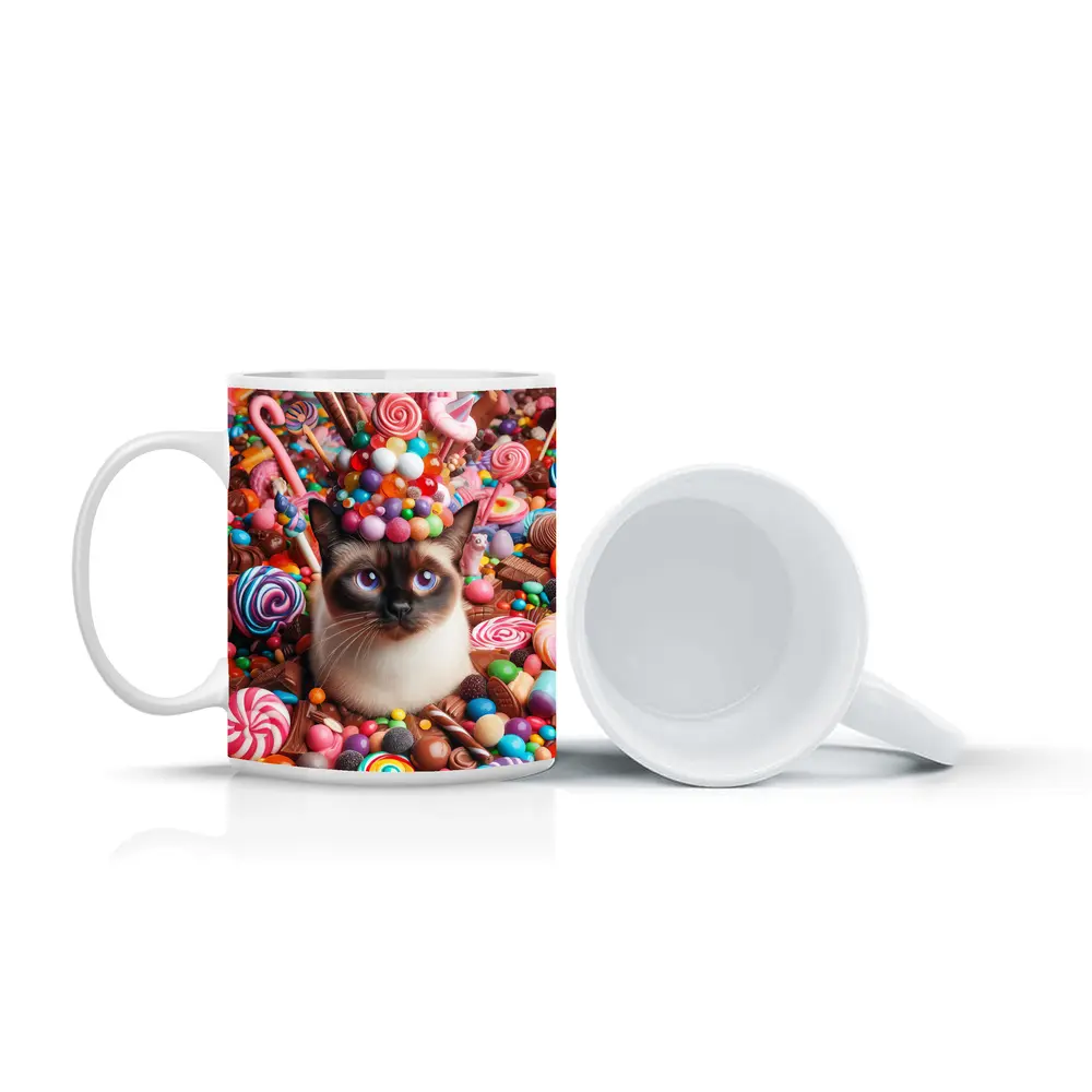 Siamese Cat Surrounded By Colorful Candy – Mugs
