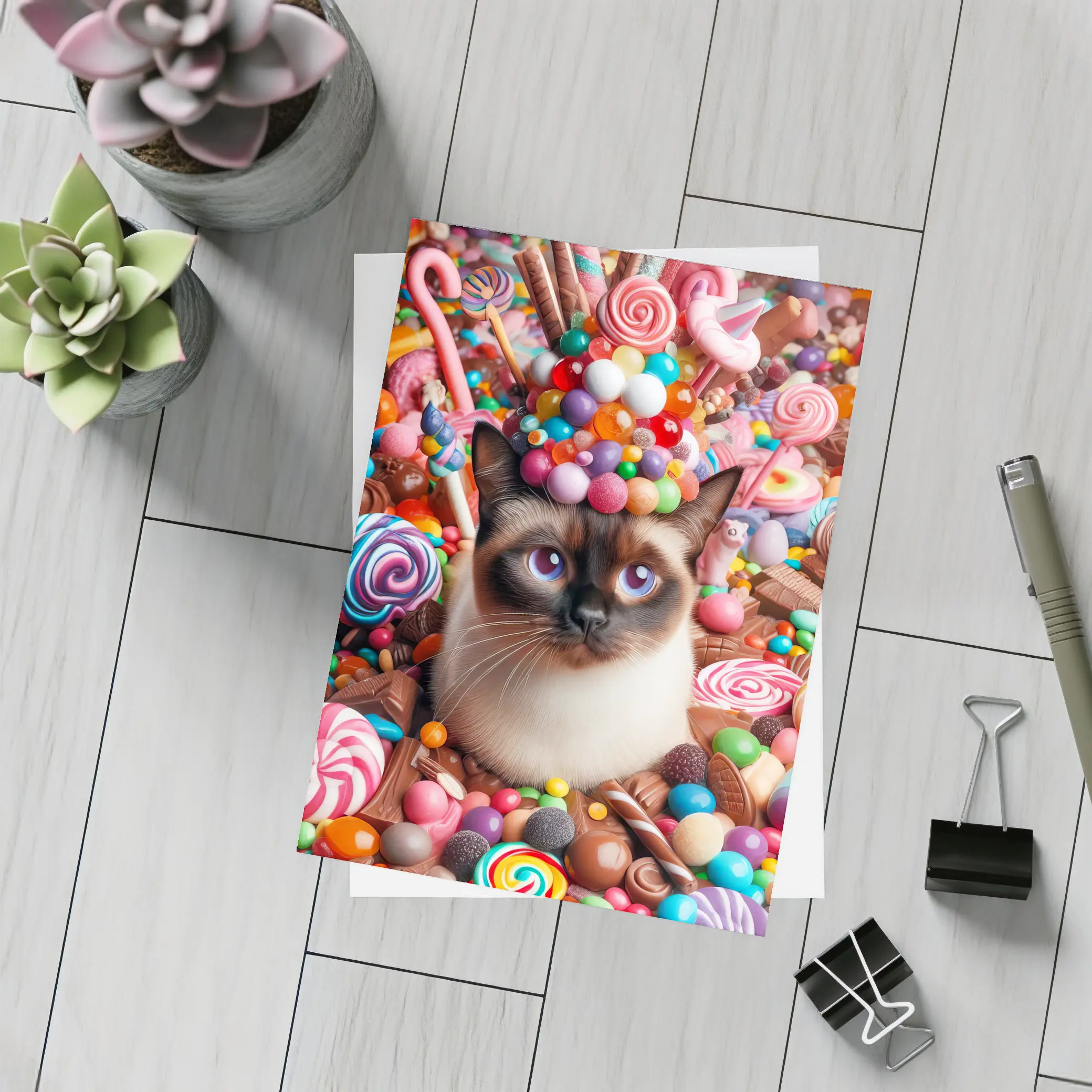 Siamese Cat Surrounded By Colorful Candy – Postcards