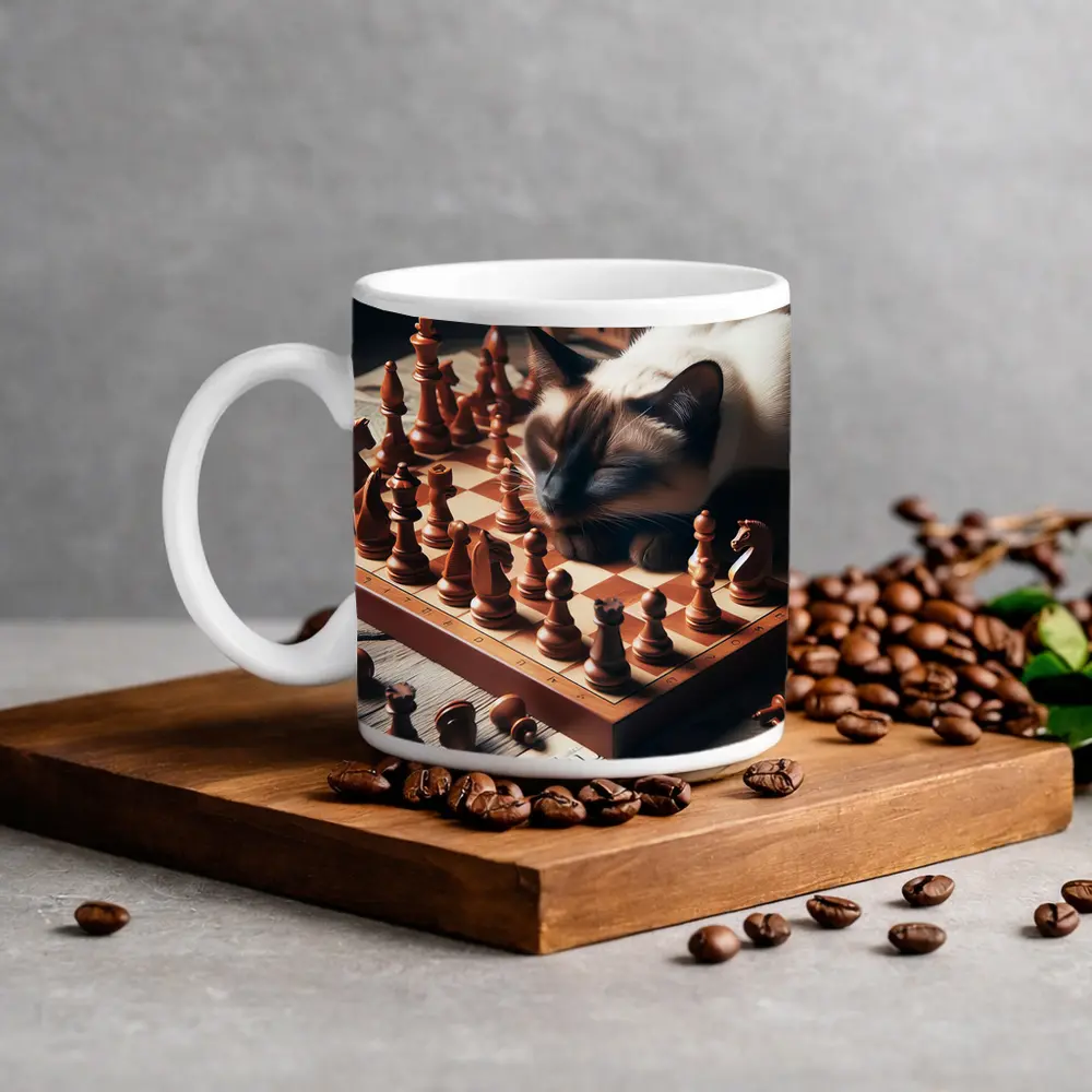 Siamese Cat Sleeping on Chess Board – Mugs