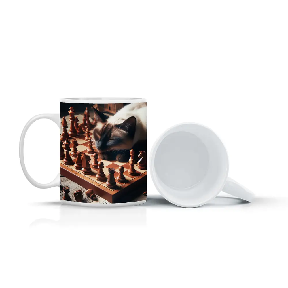 Siamese Cat Sleeping on Chess Board – Mugs